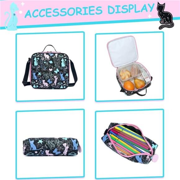 Kids Cute Cat School Backpacks‎ BlackBags with Lunch Box for Girls Ages 8-10 - Picture 5 of 6